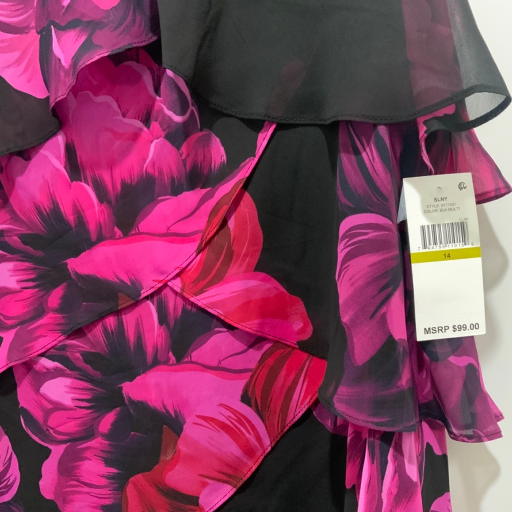 SLNY Womens Floral Flutter Party Sheath Chiffon Dress Black Red Pink Purple 14 - Picture 3 of 5